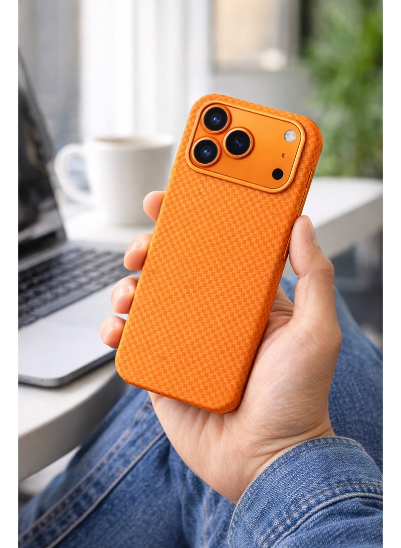 iPhone 17 Pro Mobile cover Aramid Carbon Fiber Case – Orange Woven Texture, Metallic Camera Bezel, Slim Magnetic Protective Cover, 5G Signal Friendly Phone Case - Image 5